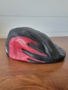 Vintage Harley Davidson Leather Newsboy Cap Flames Y2K Large